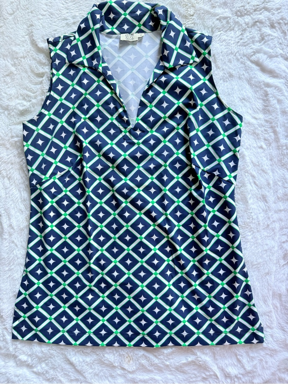Katherine Way Sleeveless Polo Top with Navy, Green & White Geometric Print